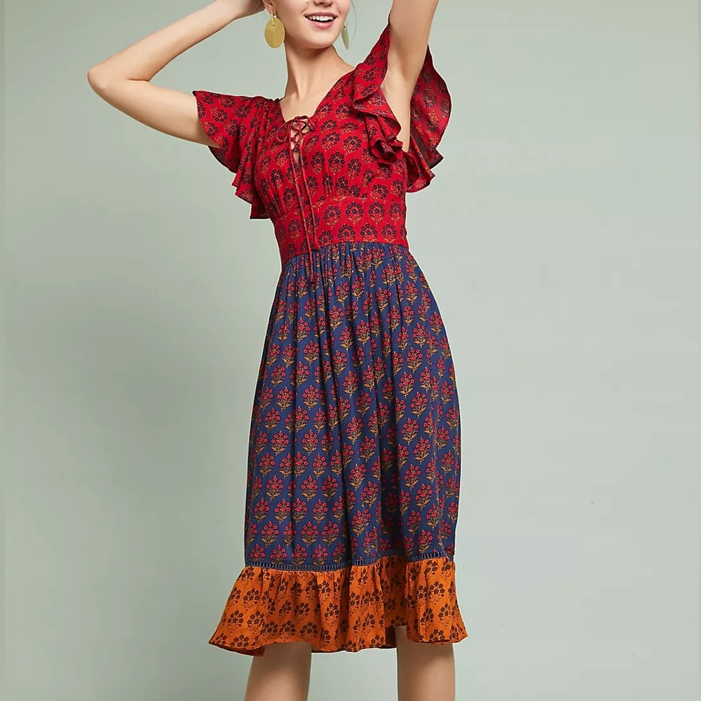 Ranna Gill Red and Blue Midi Dress with Orange Hem